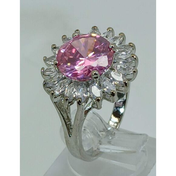 Vintage Ring Size 7.5 Silver Tone White Gold GP Pink CZ Cluster Cocktail NOS - Picture 1 of 10